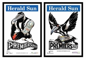 2 X OFFICIAL HERALD SUN MARK KNIGHT COLLINGWOOD MAGPIES 2010 & 2023 FRAMEShandmade souvenirs