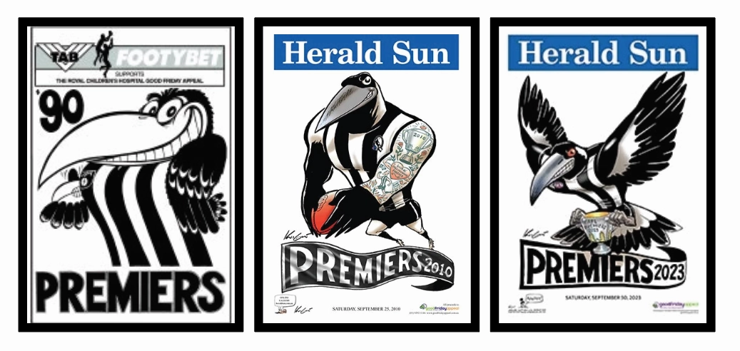 3 X OFFICIAL HERALD SUN MARK KNIGHT & WEG COLLINGWOOD MAGPIES 1990, 2010 & 2023 FRAMEShandmade souvenirs