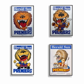 4 x BRISBANE LIONS OFFICIAL HERALD SUN 2001, 2002, 2003 & 2024 FRAMED POSTERhandmade souvenirs