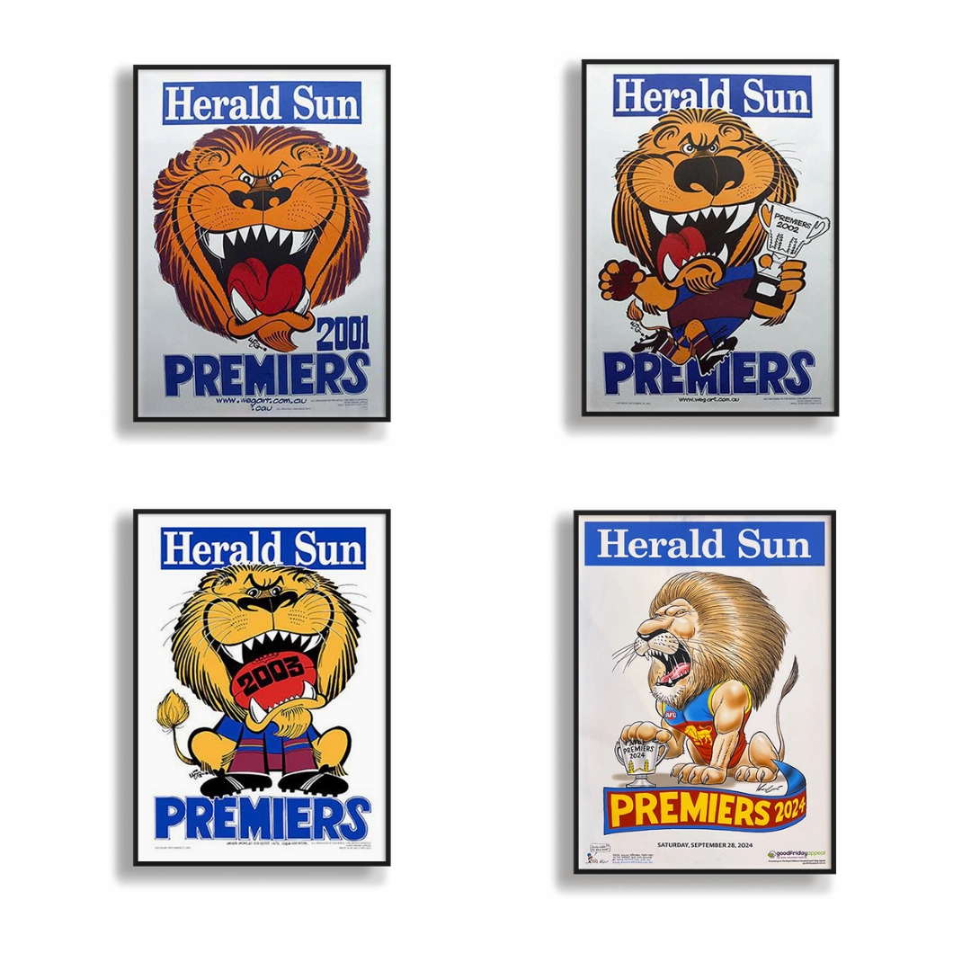 4 x BRISBANE LIONS OFFICIAL HERALD SUN 2001, 2002, 2003 & 2024 FRAMED POSTERhandmade souvenirs