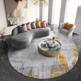 Abstract Gold and Grey Round Rugmodern color block patchwork rug