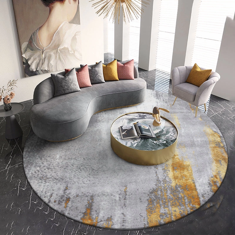 Abstract Gold and Grey Round Rugmodern color block patchwork rug