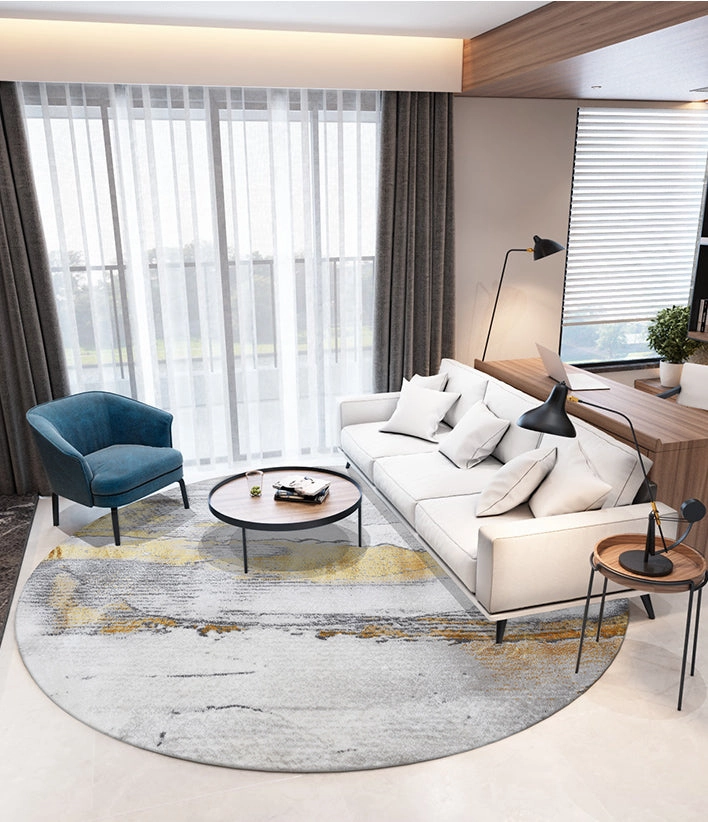 Abstract Gold and Grey Round Rug