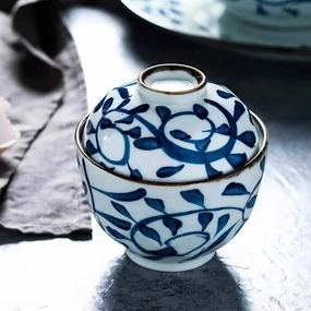 Akari Blue and White Japanese Soup Bowl with Covermodern kitchen decor ,kitchen dinner set ,dinnerware 