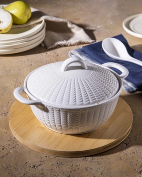 All White Embossed Serving Bowl with Lid - Smallmodern kitchen decor ,kitchen dinner set ,dinnerware 