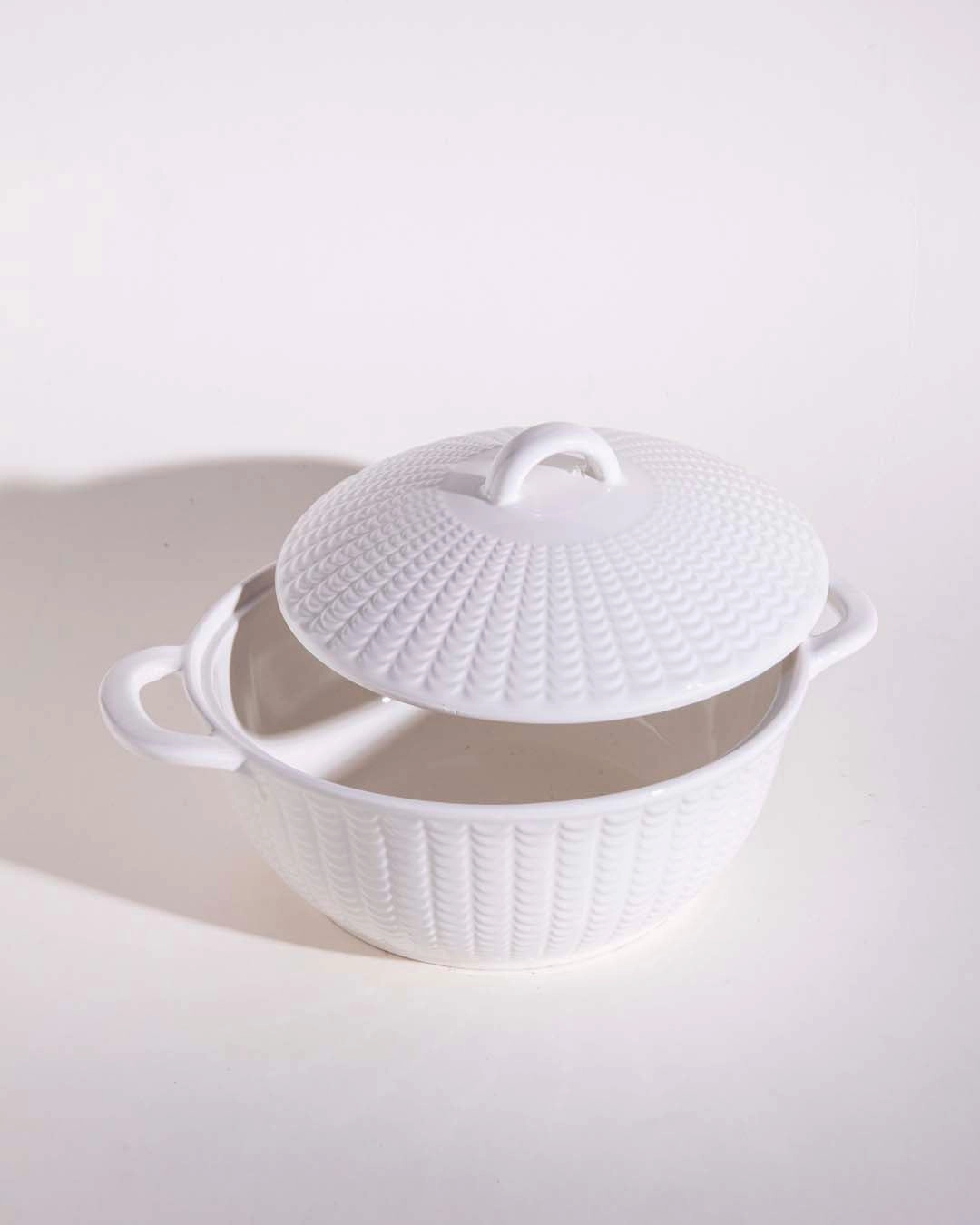All White Embossed Serving Bowl with Lid - Small