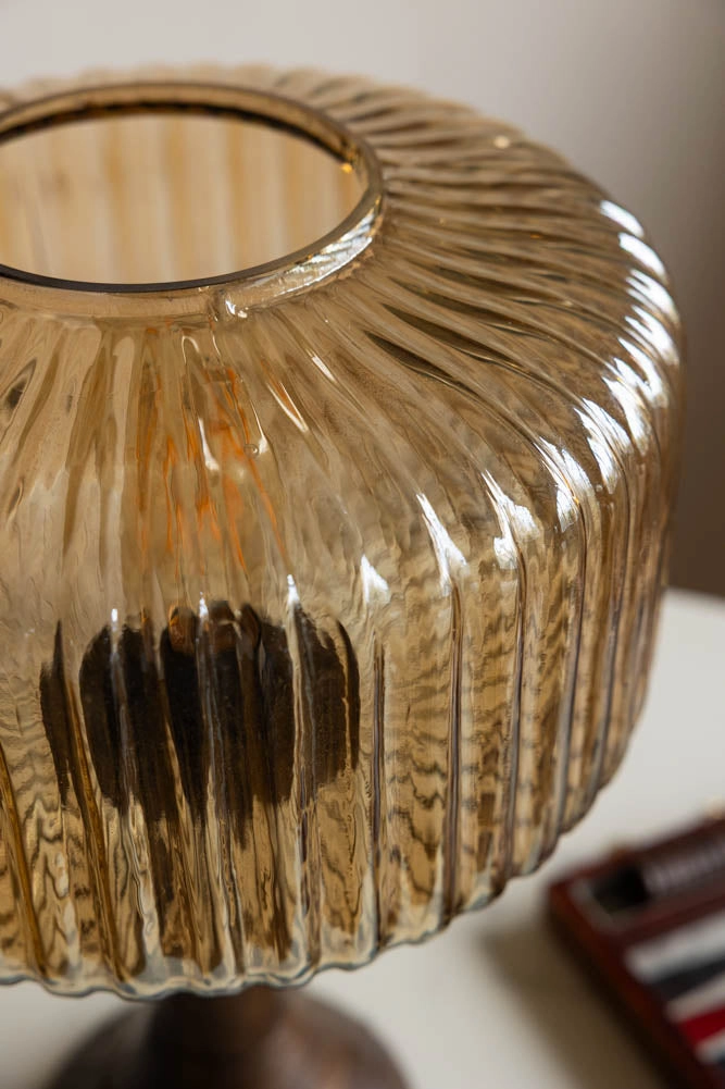 Amber Glass & Wooden Base Table Lamp