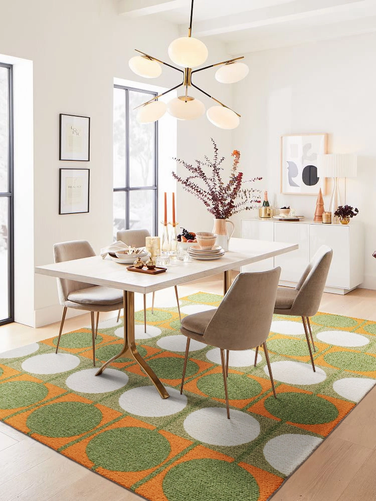 Austin Retro Circle Green and Orange Wool Rug