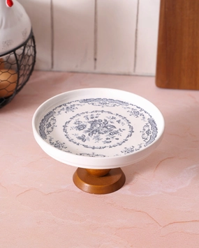 Blue Floral Ceramic Cake Stand With Wooden Basemodern kitchen decor ,kitchen dinner set ,dinnerware 