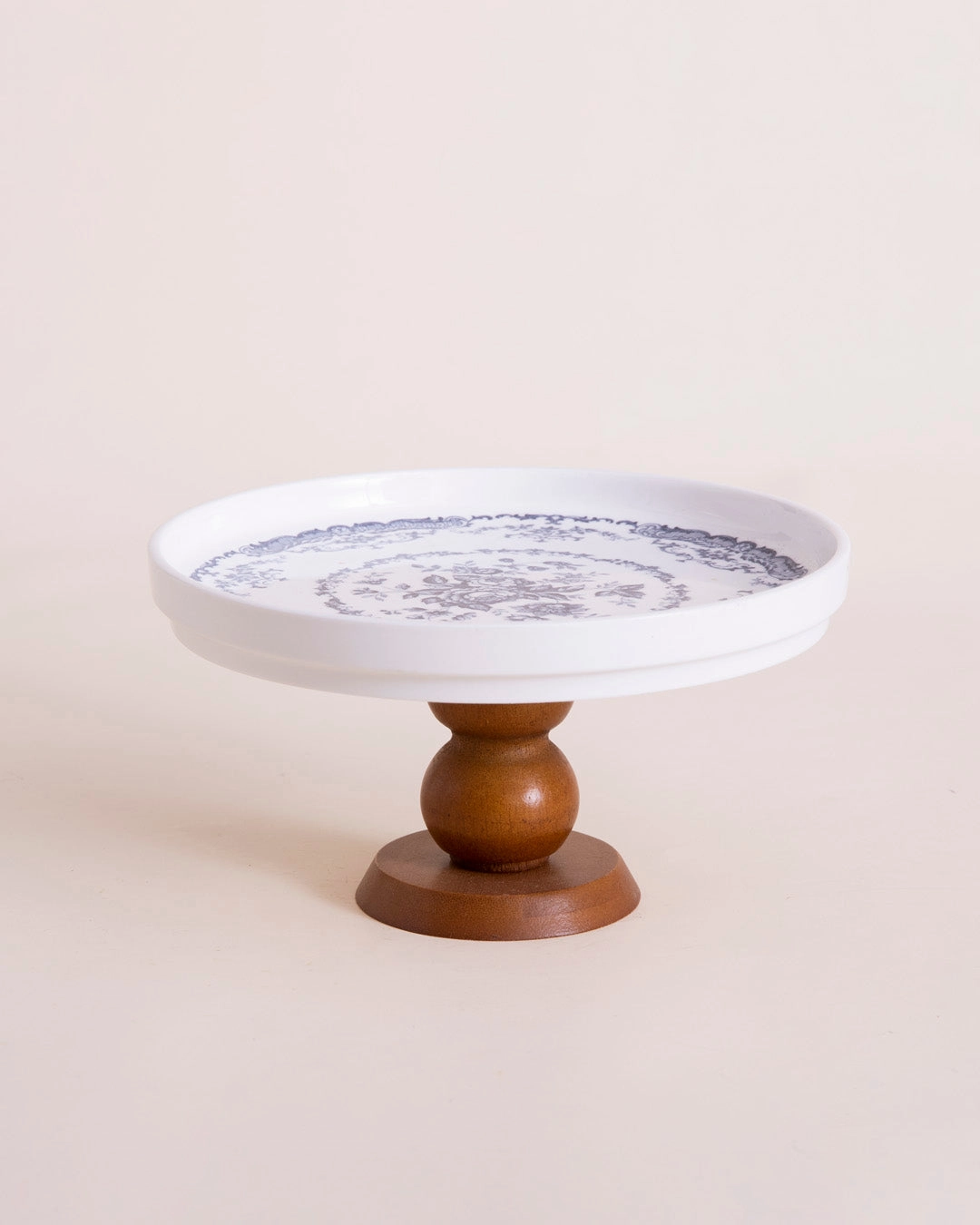Blue Floral Ceramic Cake Stand With Wooden Base