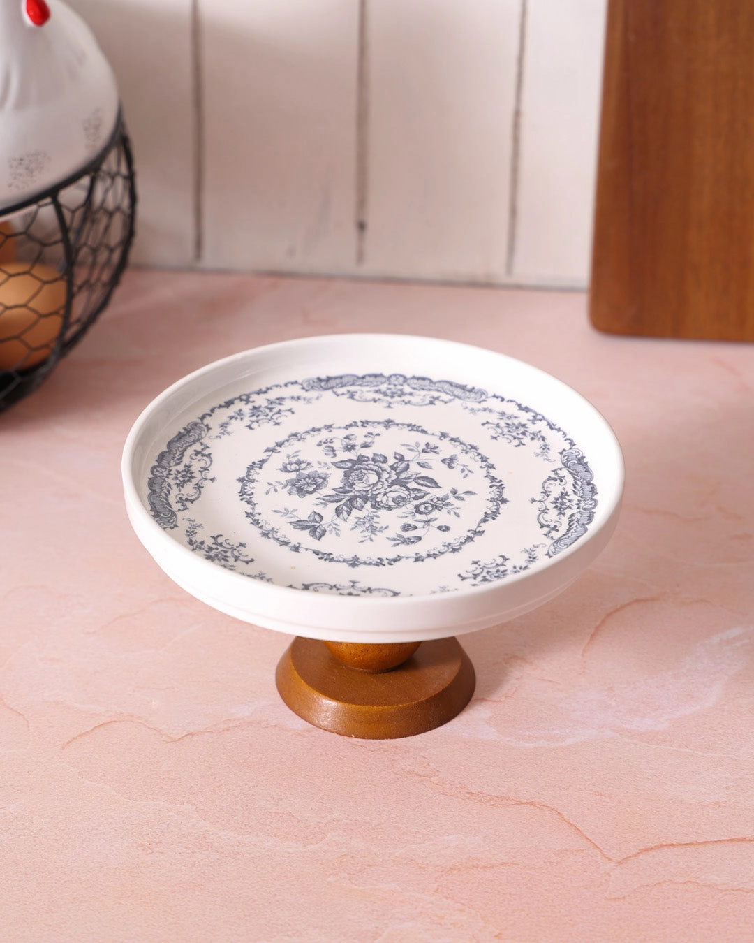 Blue Floral Ceramic Cake Stand With Wooden Basemodern kitchen decor ,kitchen dinner set ,dinnerware 
