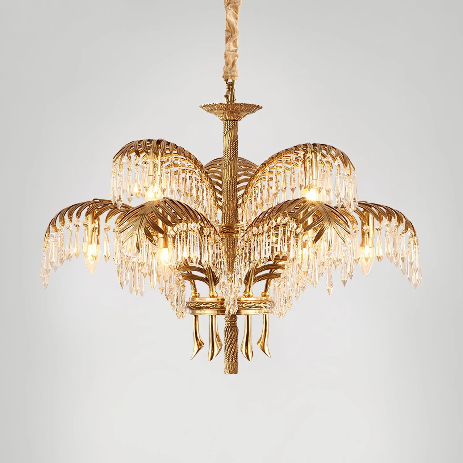 Brass Palm Leaf Crystal Chandelier