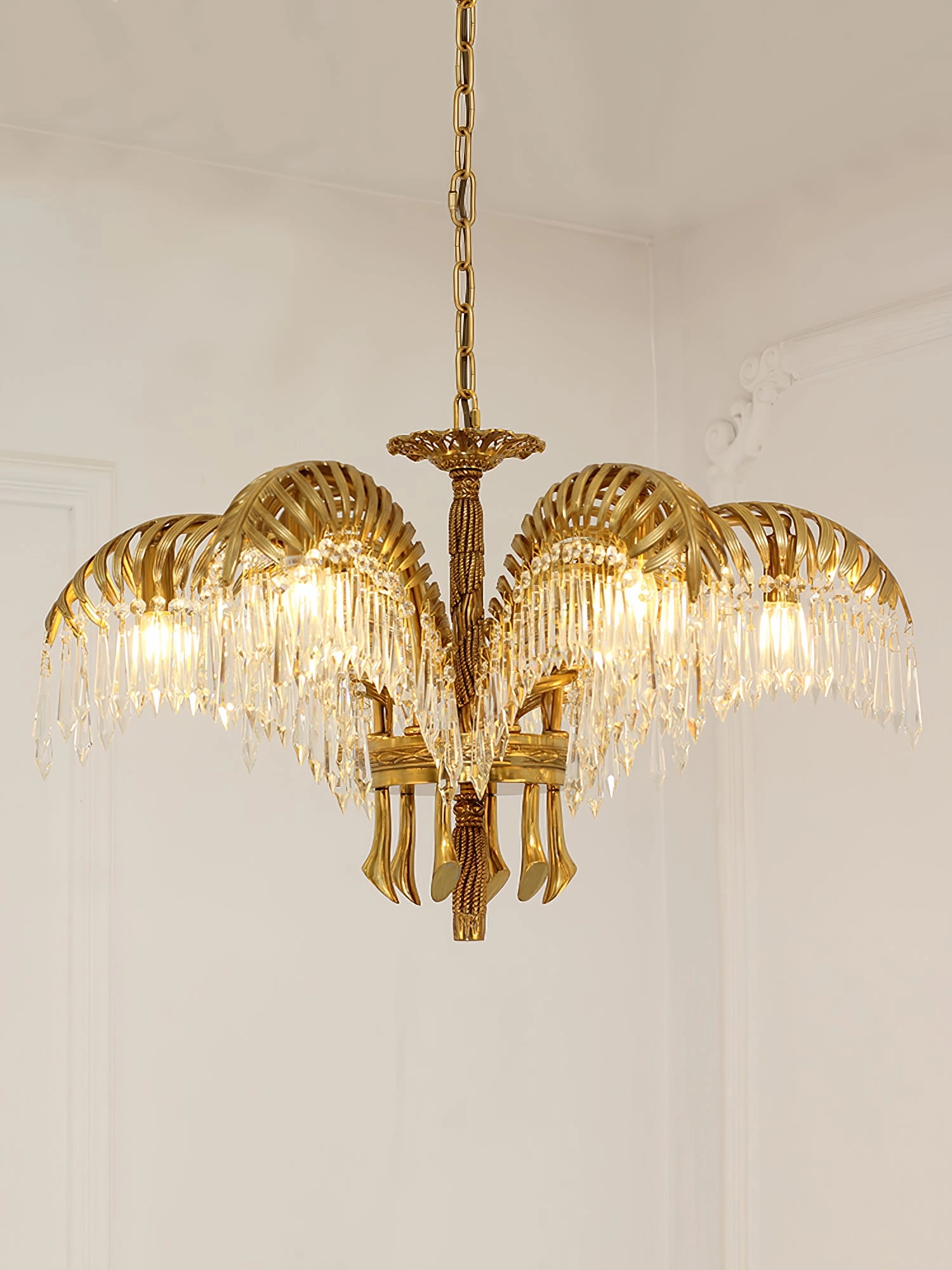 Brass Palm Leaf Crystal Chandelier