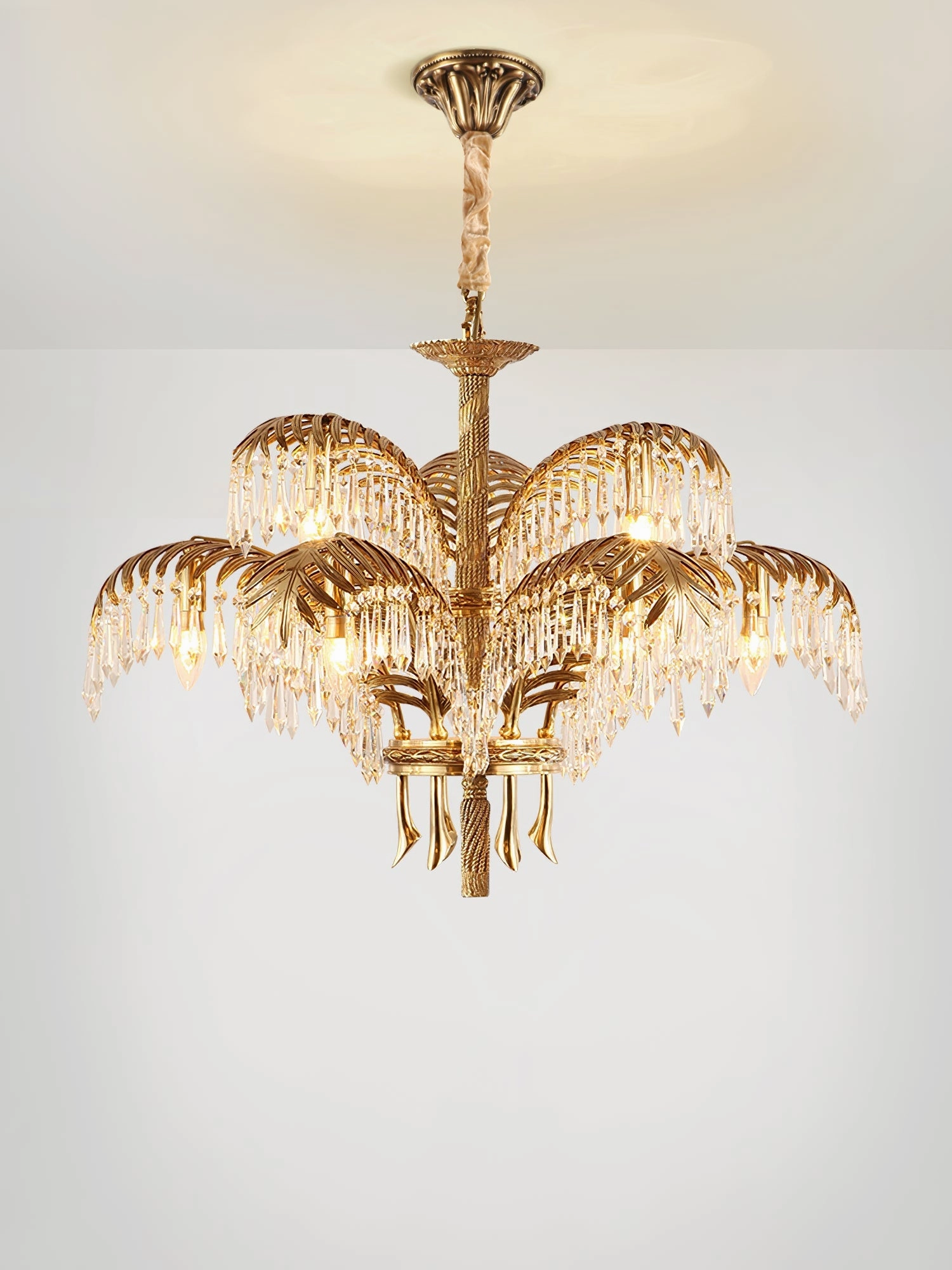 Brass Palm Leaf Crystal Chandelier