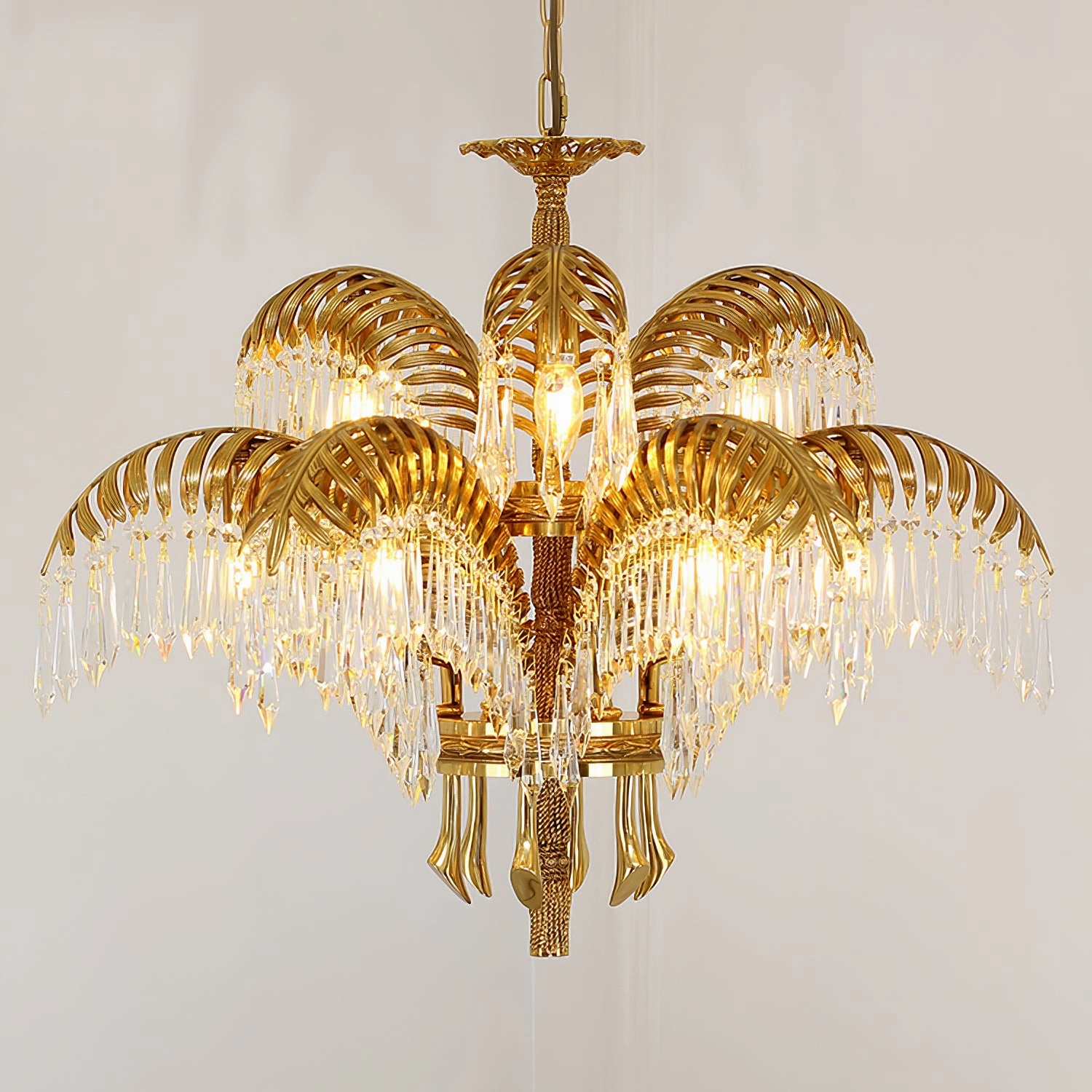 Brass Palm Leaf Crystal Chandelier