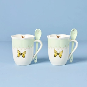 Butterfly Meadow Green Mugs With Spoons - Set of 2glass cups ,personalized mugs 