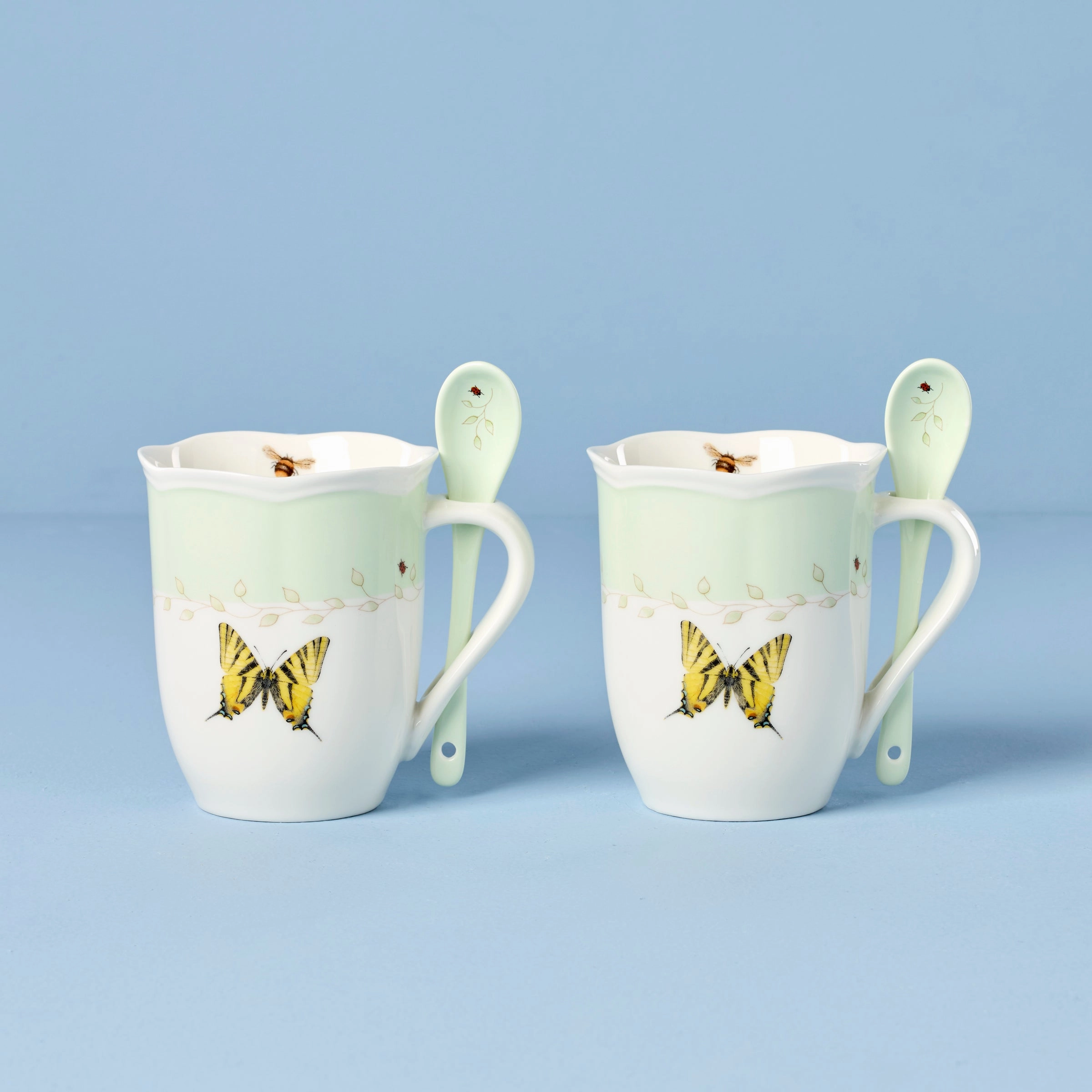 Butterfly Meadow Green Mugs With Spoons - Set of 2glass cups ,personalized mugs 