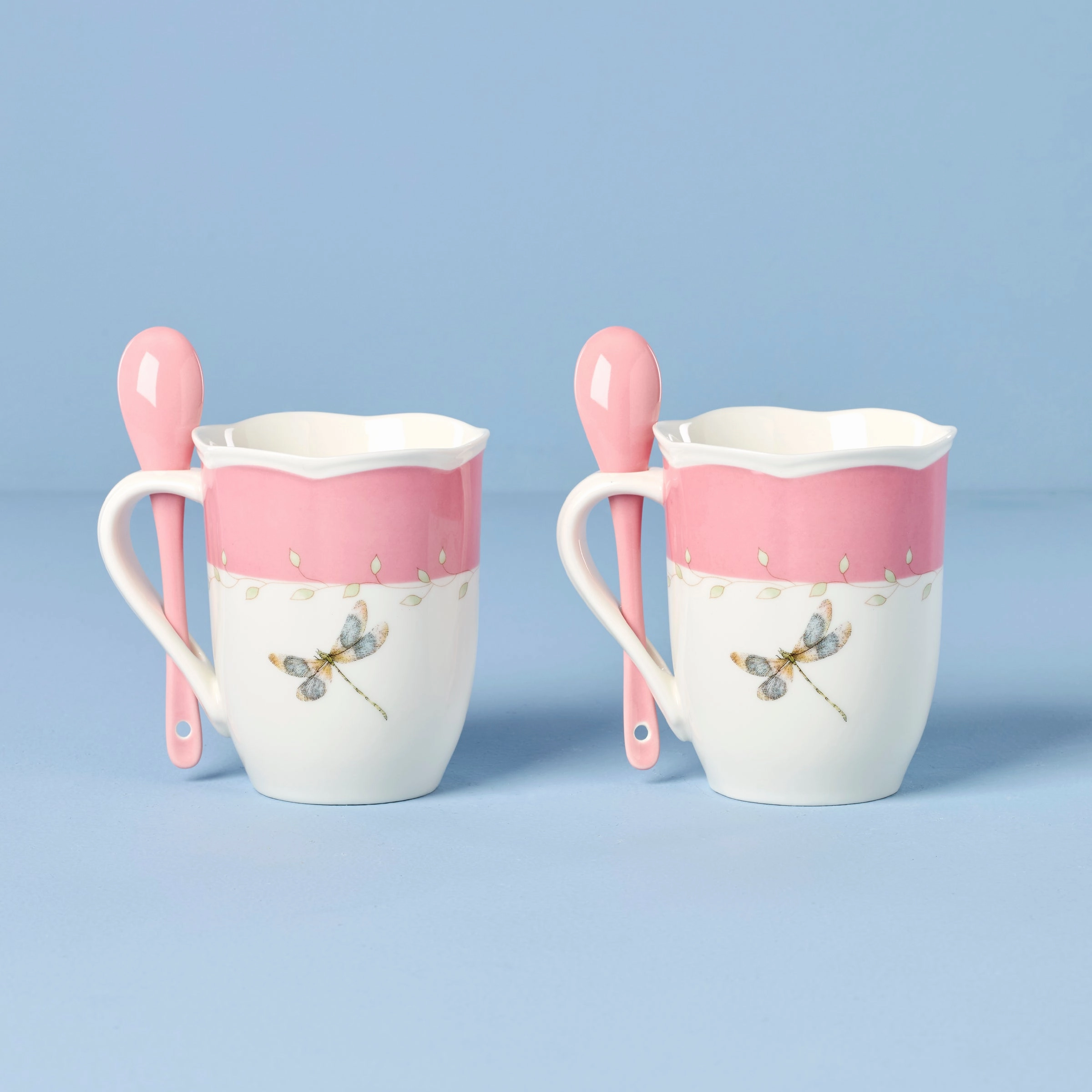 Butterfly Meadow Pink Mugs With Spoons - Set of 2