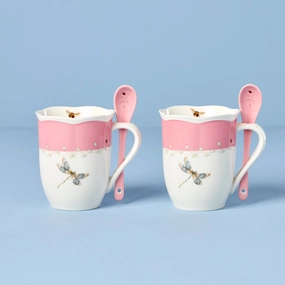 Butterfly Meadow Pink Mugs With Spoons - Set of 2glass cups ,personalized mugs 