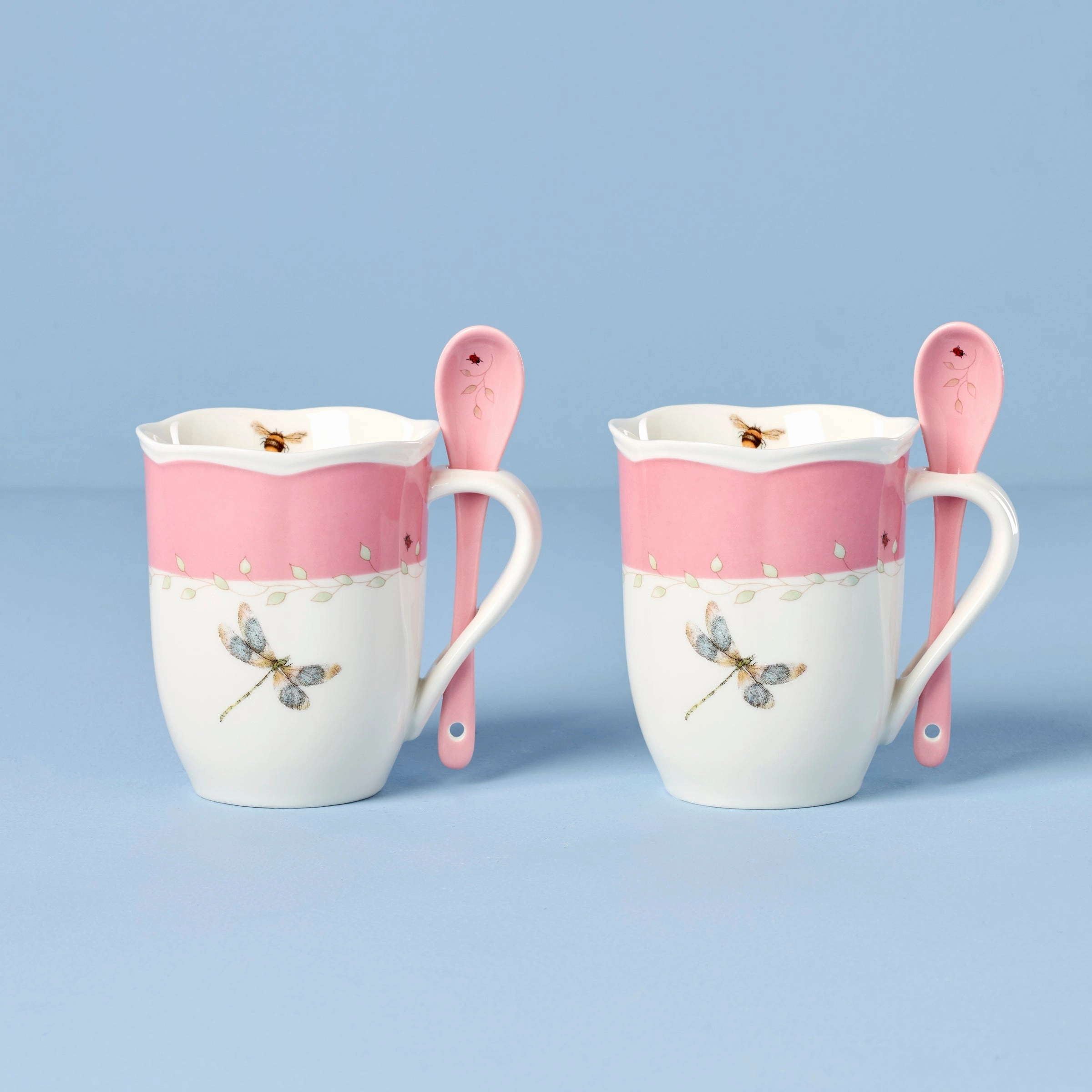Butterfly Meadow Pink Mugs With Spoons - Set of 2glass cups ,personalized mugs 
