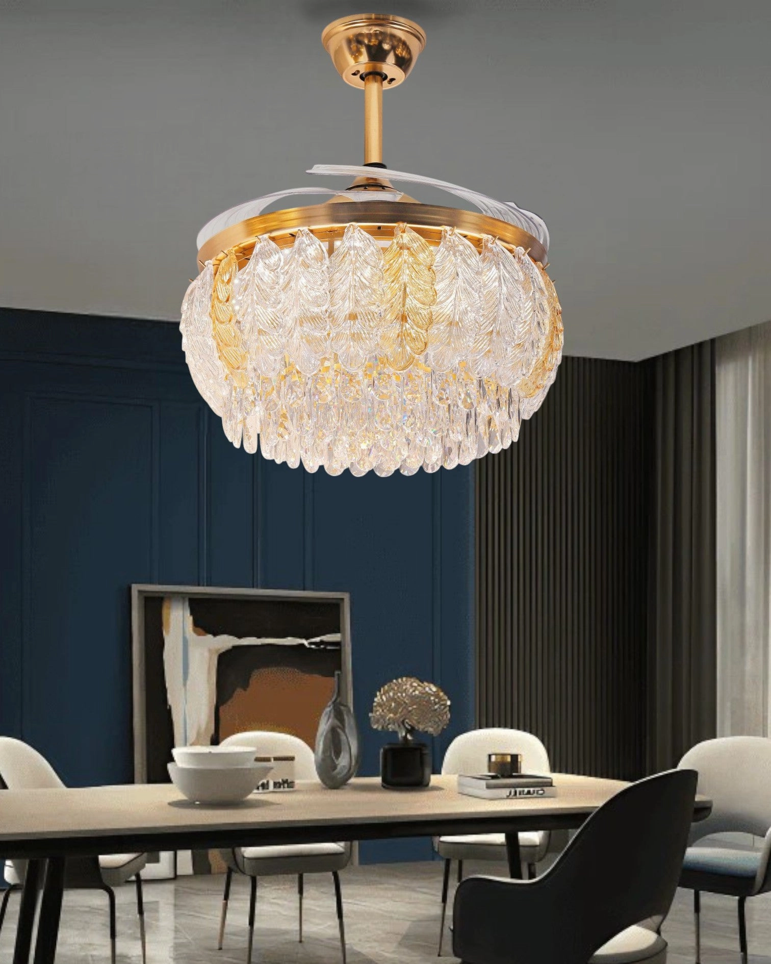 Crystal Leaf Retractable Ceiling Fan   Chandelier Light (with Remote Control)modern wall lamp,smart wall lamp