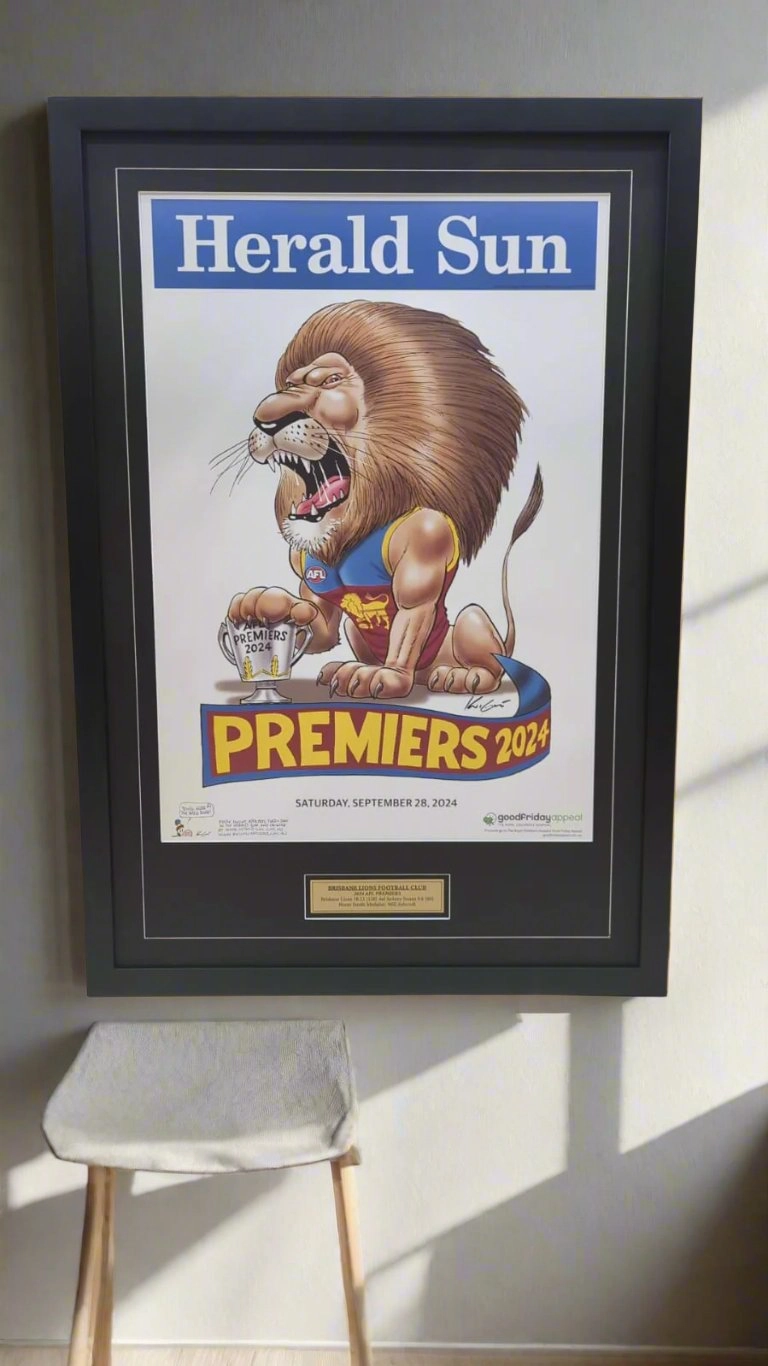 DELUXE BRISBANE LIONS OFFICIAL HERALD SUN 2024 FRAMED POSTER (Black Edition)