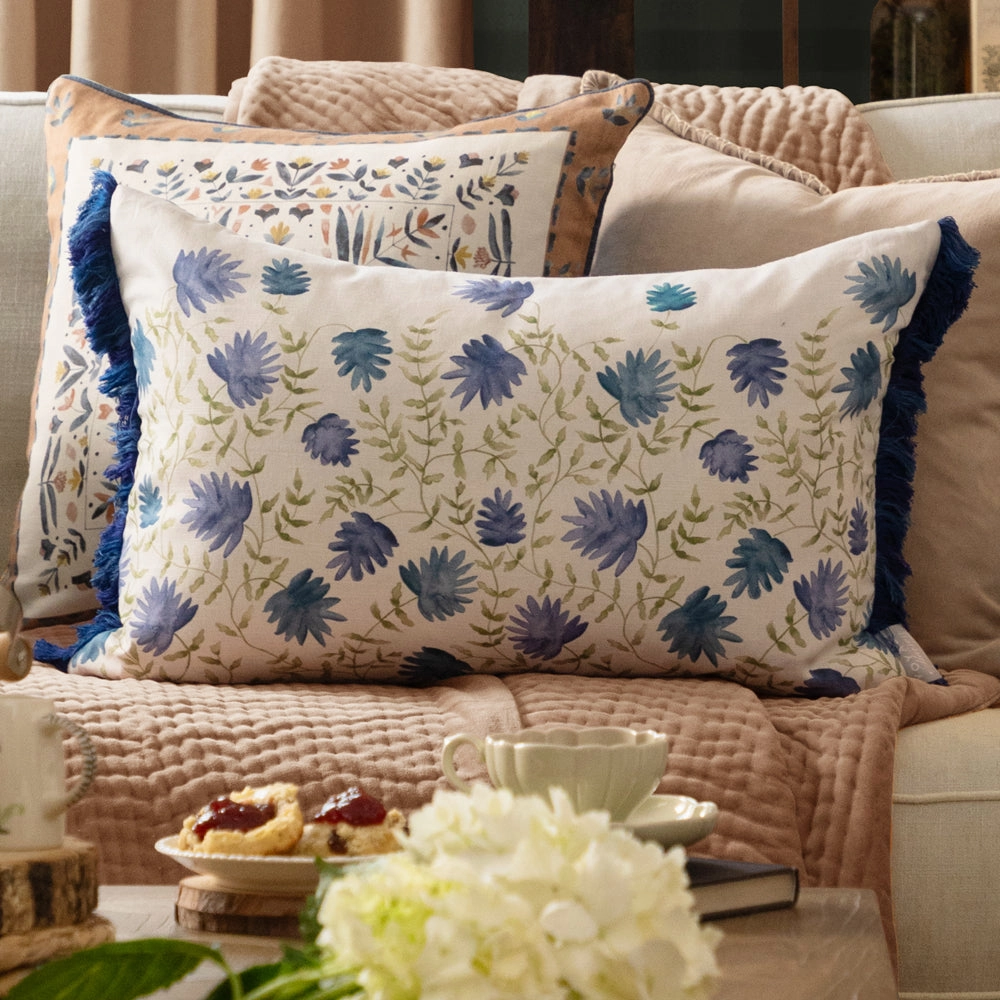 Elai Printed Ruche Fringe Cushion Denimhome decor ,wall decor 