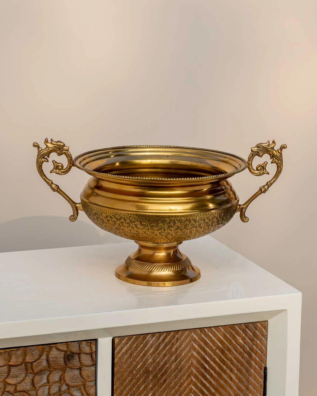 Embossed Round Brass Bowl with Handle - 10"modern kitchen decor ,kitchen dinner set ,dinnerware 