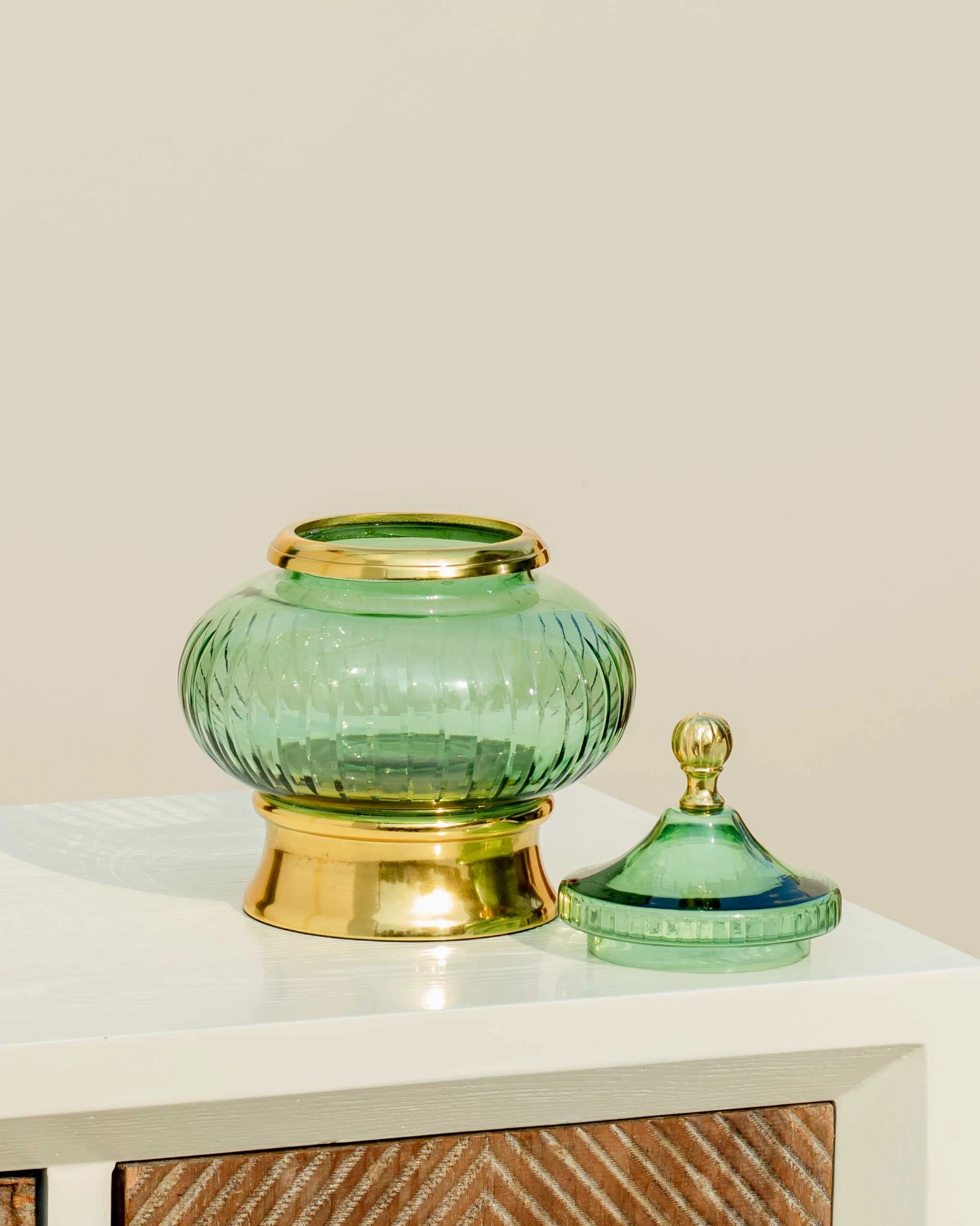 European Green Glass Candy Buffet Jar With Lid - Small - 9"