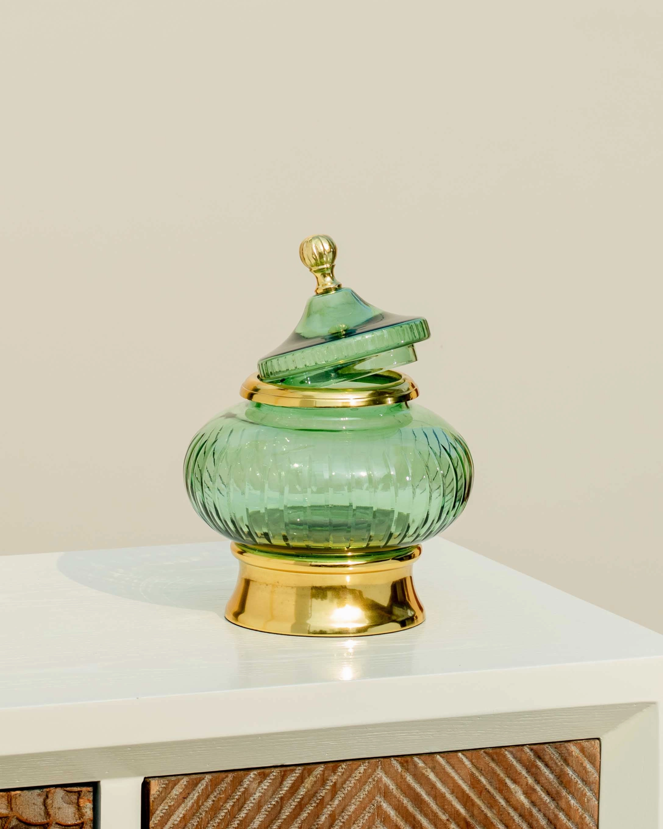 European Green Glass Candy Buffet Jar With Lid - Small - 9"