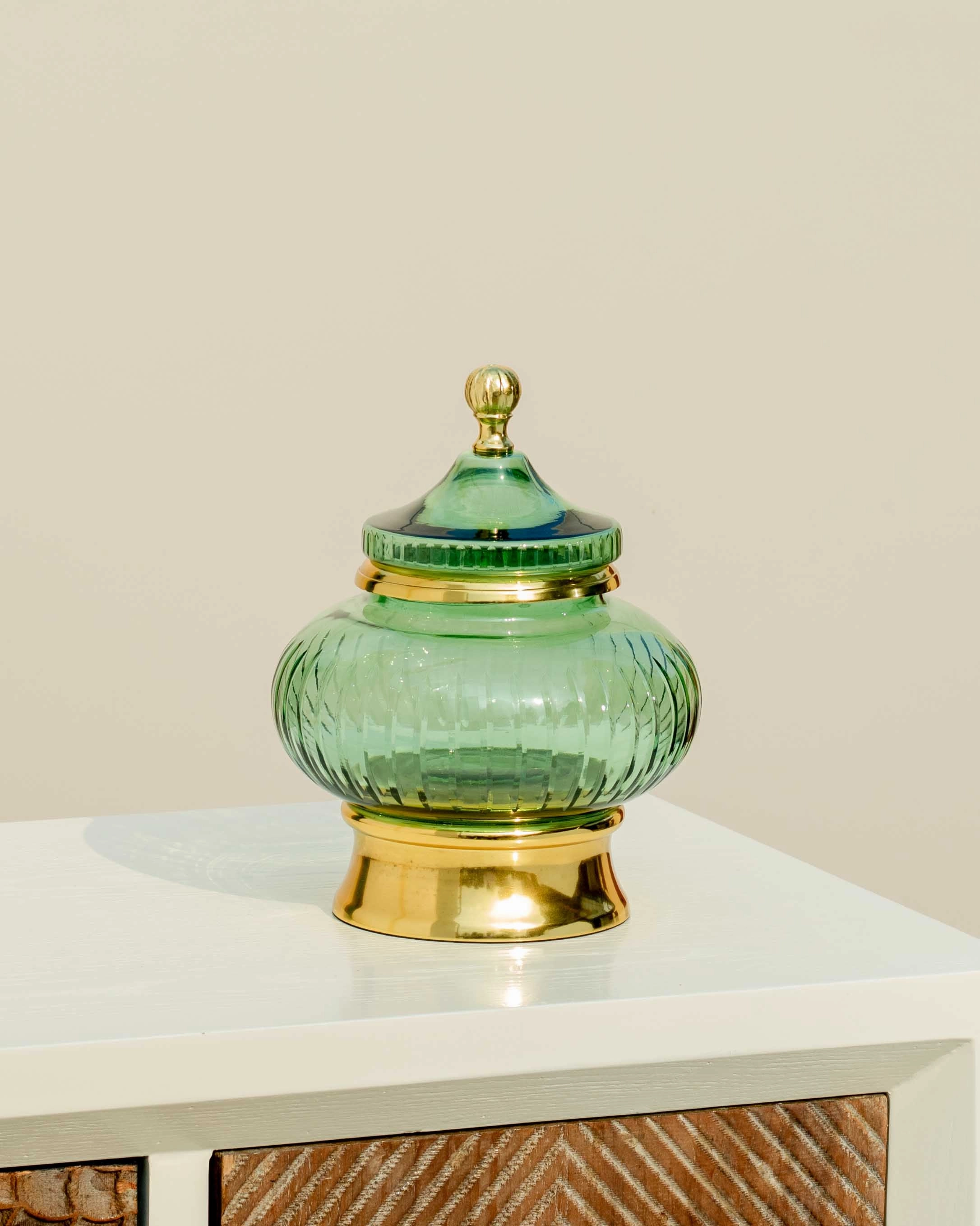 European Green Glass Candy Buffet Jar With Lid - Small - 9"