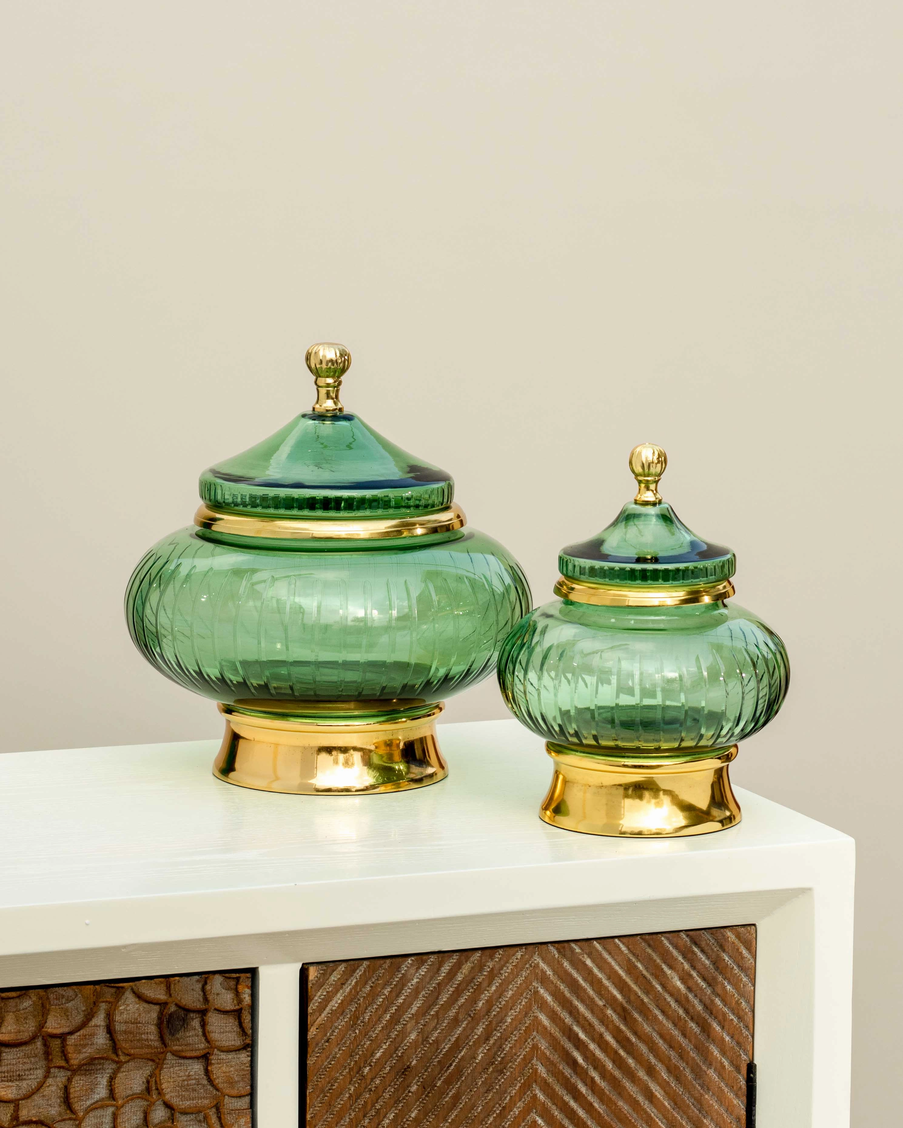 European Green Glass Candy Buffet Jar With Lid - Small - 9"