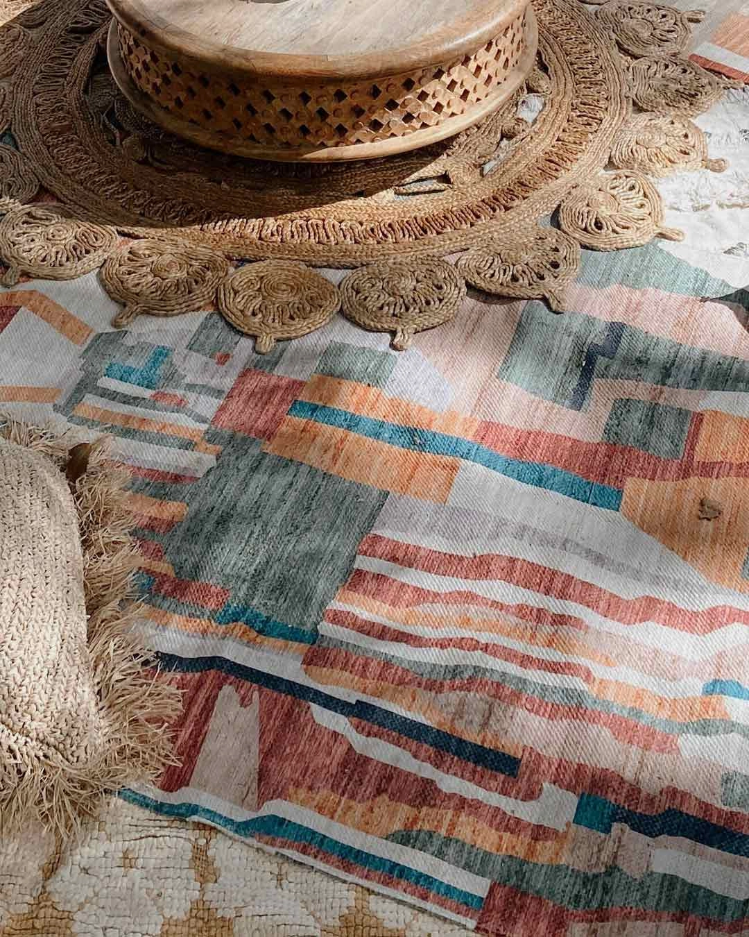 Fern Green and Orange Multi-Colour Abstract Tribal Indoor Outdoor Rug