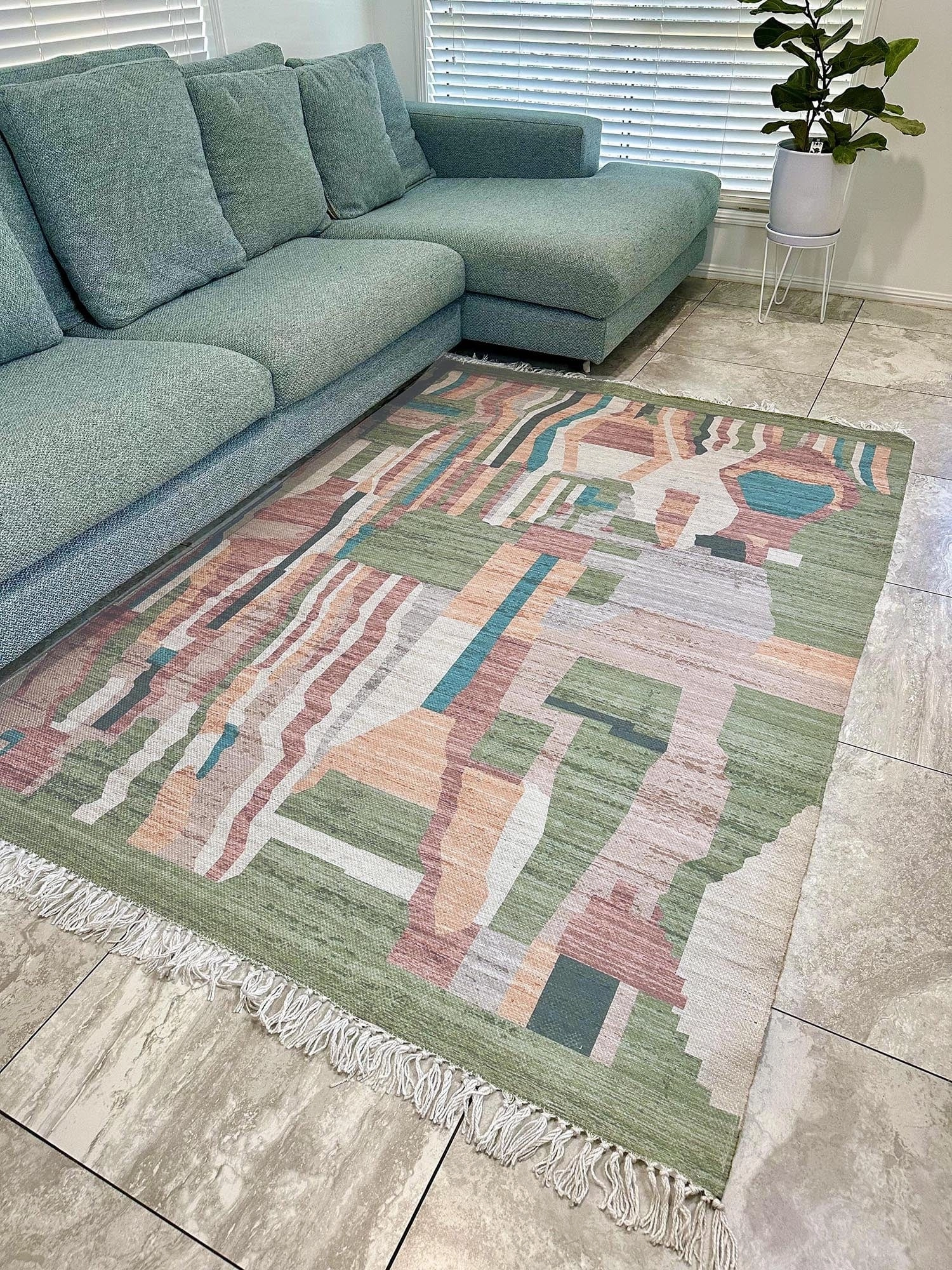 Fern Green and Orange Multi-Colour Abstract Tribal Indoor Outdoor Rug