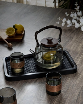 Glass Tea Set With Wooden Accents - 6 Piece Setmodern kitchen decor ,kitchen dinner set ,dinnerware 