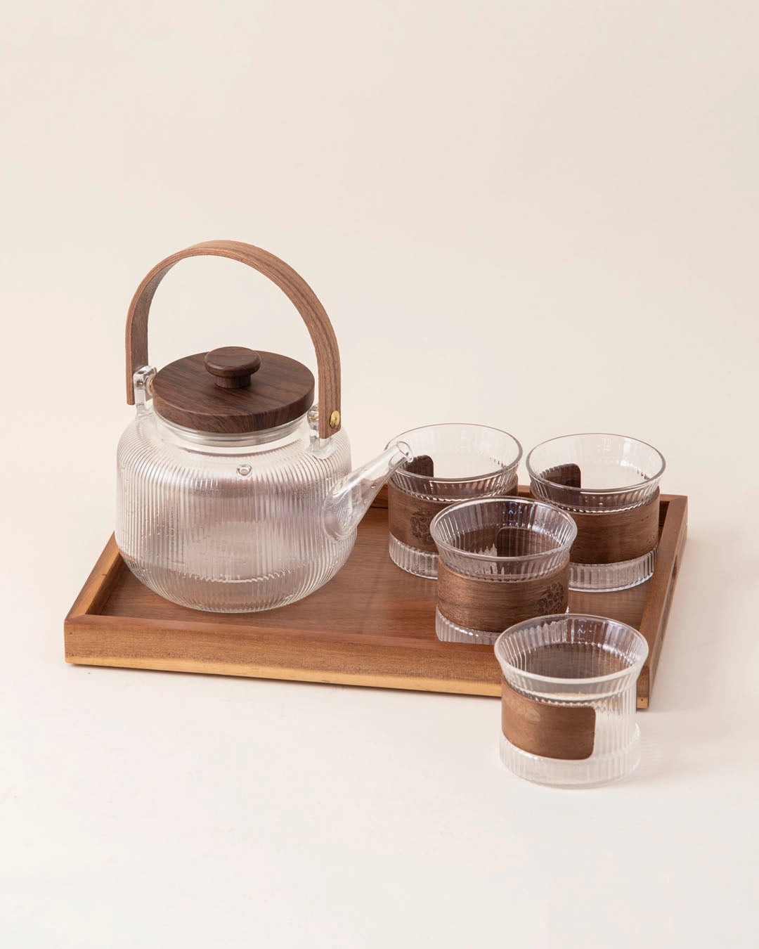Glass Tea Set With Wooden Accents - 8 Piece Set