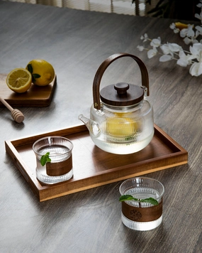Glass Tea Set With Wooden Accents - 8 Piece Setmodern kitchen decor ,kitchen dinner set ,dinnerware 