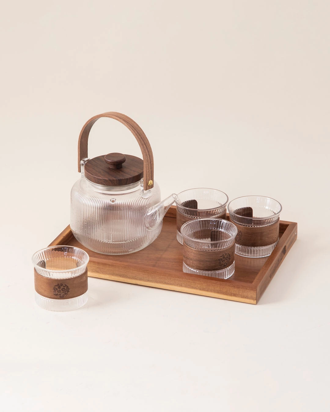 Glass Tea Set With Wooden Accents - 8 Piece Set