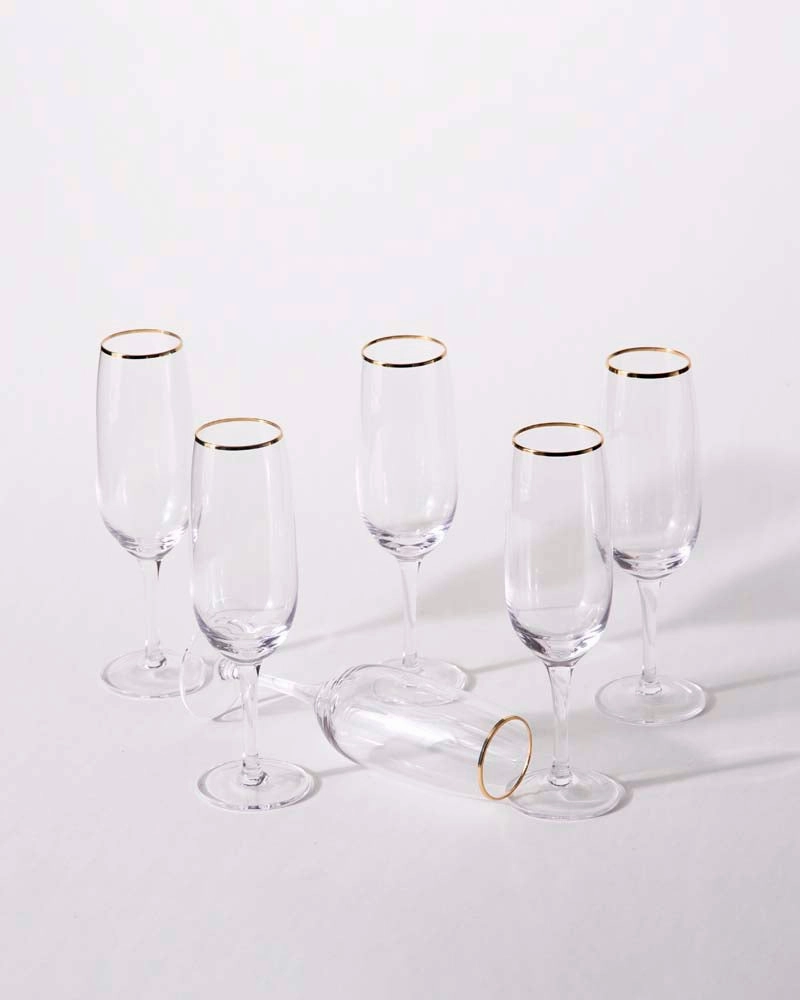 Gold Rim Champagne Flute Glass  - Set of 6
