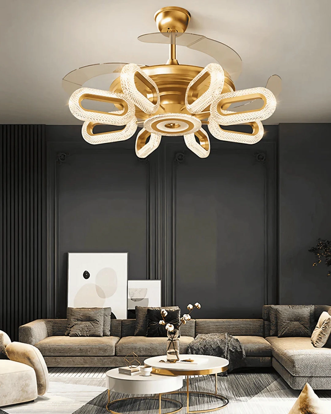 Golden Glide Retractable Ceiling Fan   Chandelier Light (with Remote Control)
