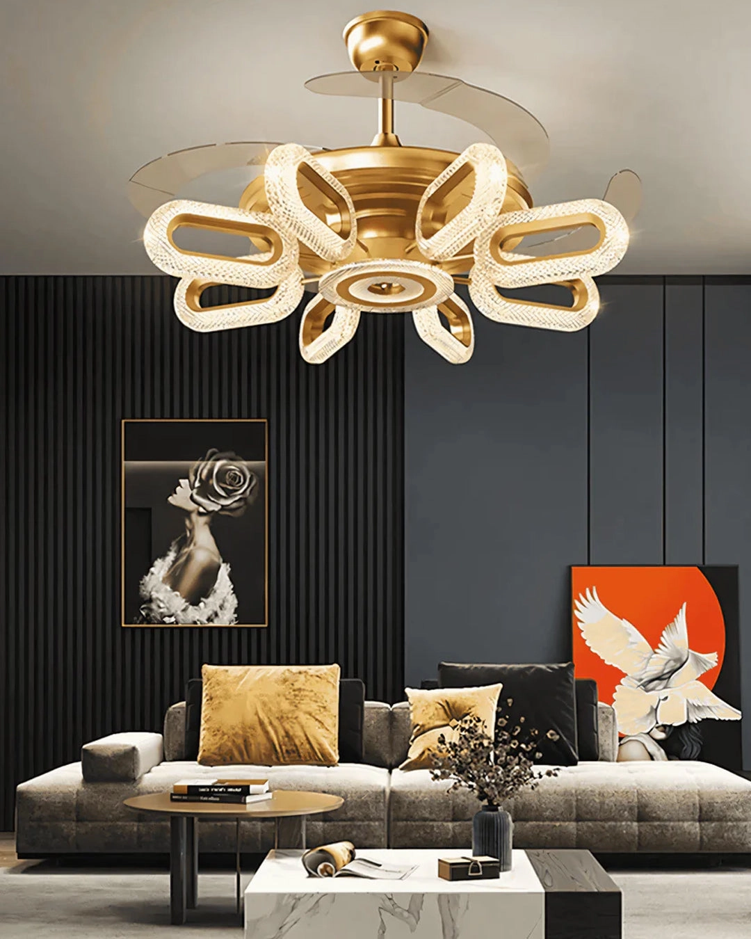Golden Glide Retractable Ceiling Fan   Chandelier Light (with Remote Control)