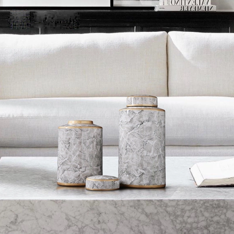 Grey Marble Urn Vase with Gold Trim
