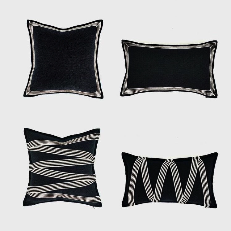Heavy Linen Black Base and White Stripes Cushions