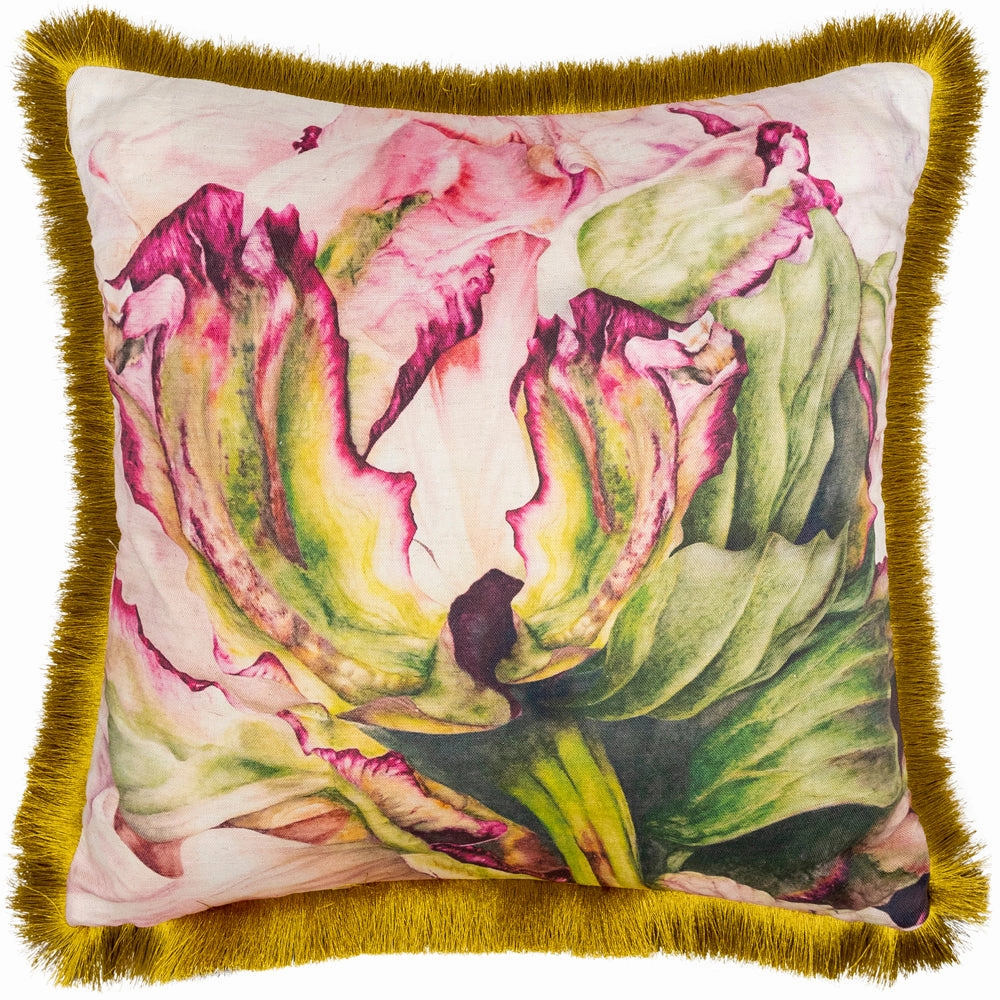 Heligan Printed Fringed Feather Cushion Fuchsia
