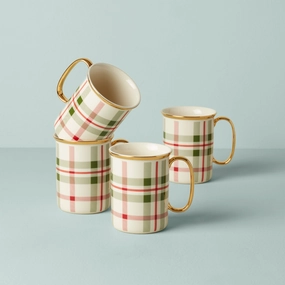 Holiday Plaid Mugs - Set of 4glass cups ,personalized mugs 