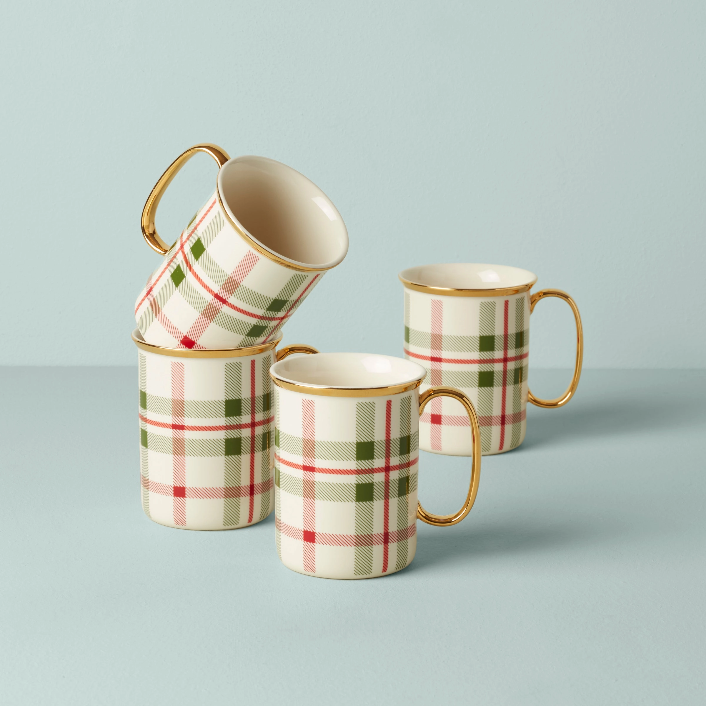 Holiday Plaid Mugs - Set of 4glass cups ,personalized mugs 
