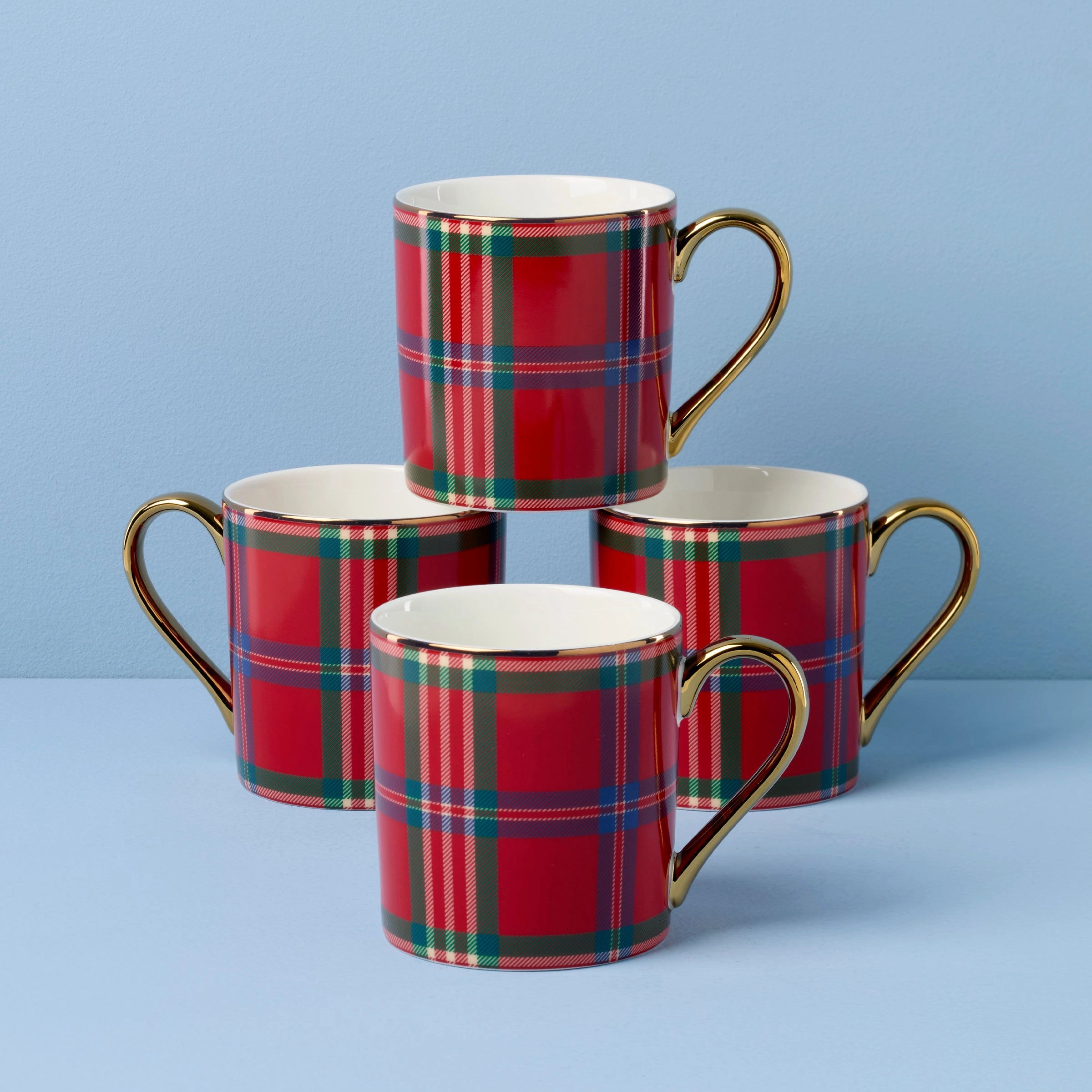 Holiday Red Tartan Mugs - Set of 4glass cups ,personalized mugs 