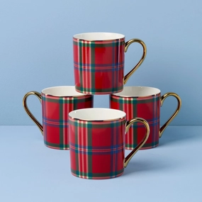 Holiday Red Tartan Mugs - Set of 4glass cups ,personalized mugs 