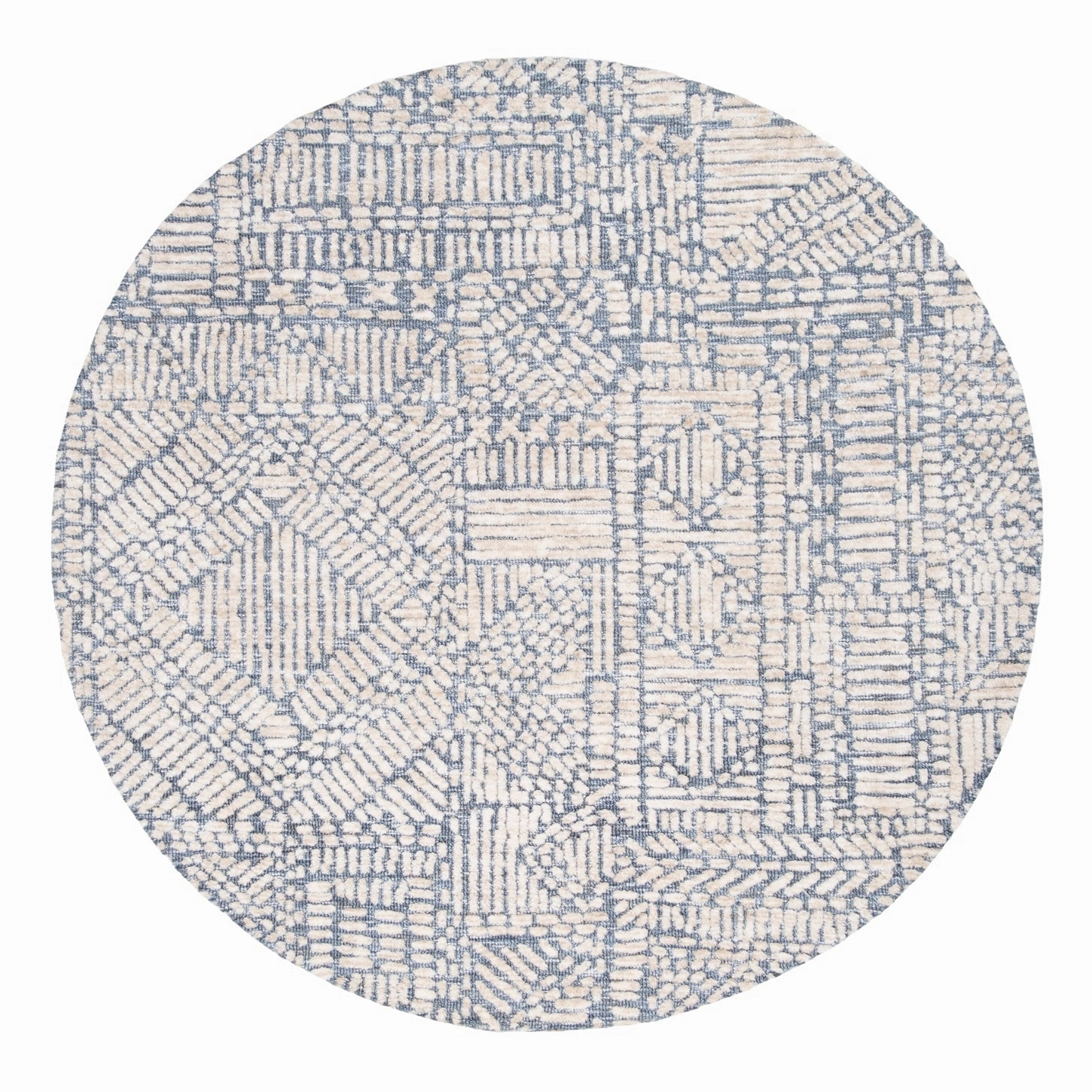 Karmen Blue and Ivory Geometric Patterned Round Rugmodern color block patchwork rug