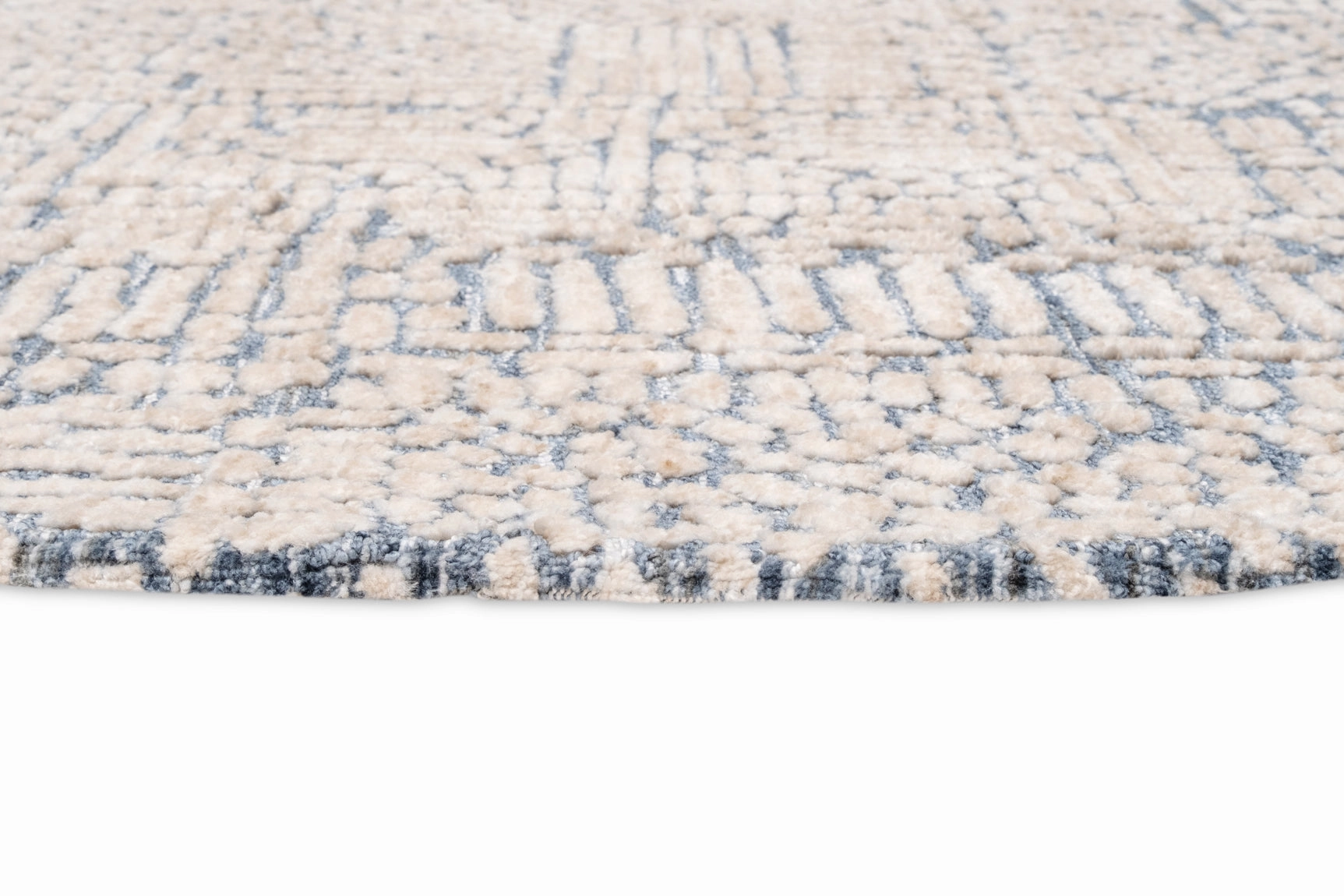 Karmen Blue and Ivory Geometric Patterned Round Rug